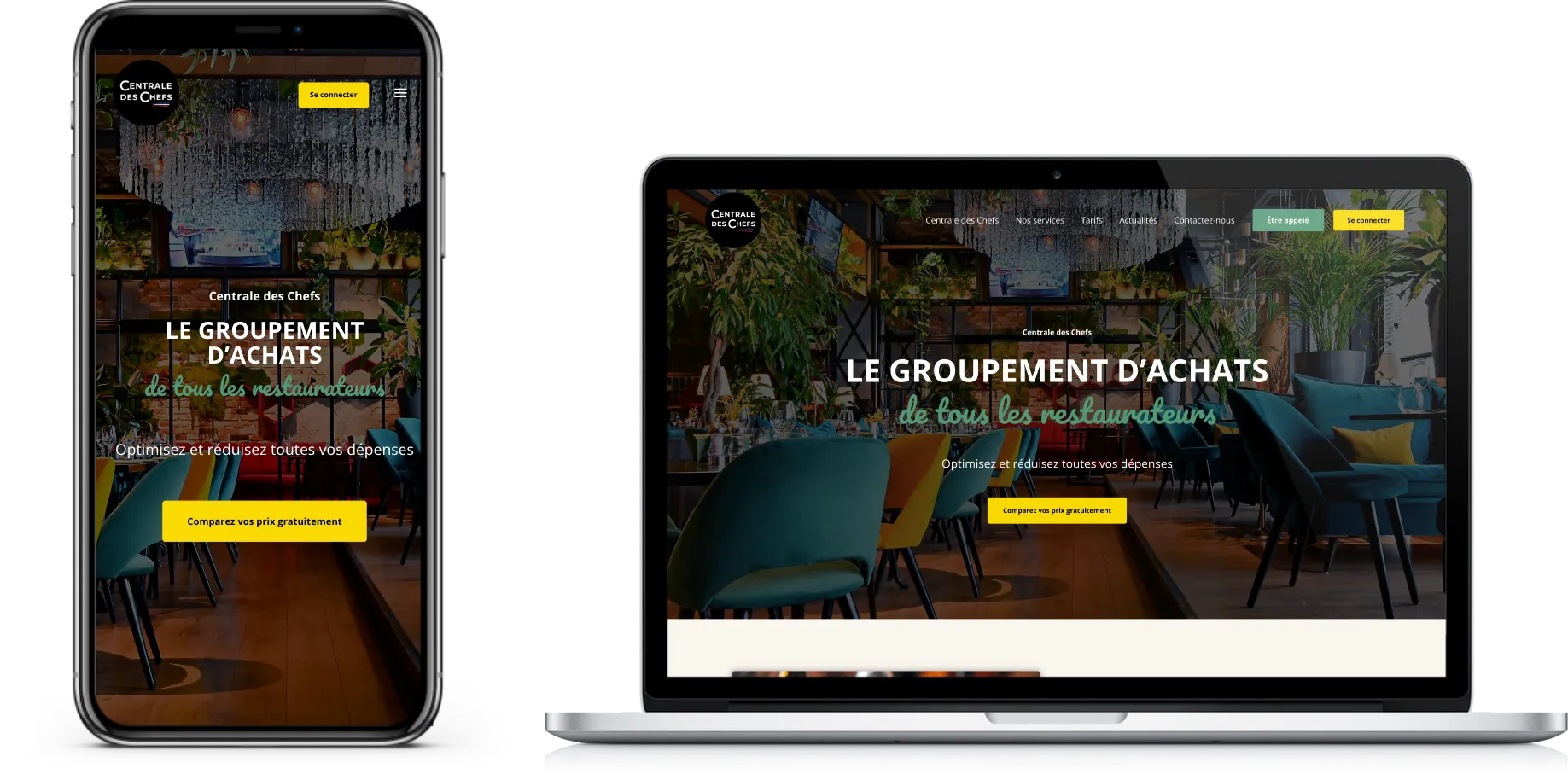 Vue du site de Centrale des Chefs en version mobile et ordinateur