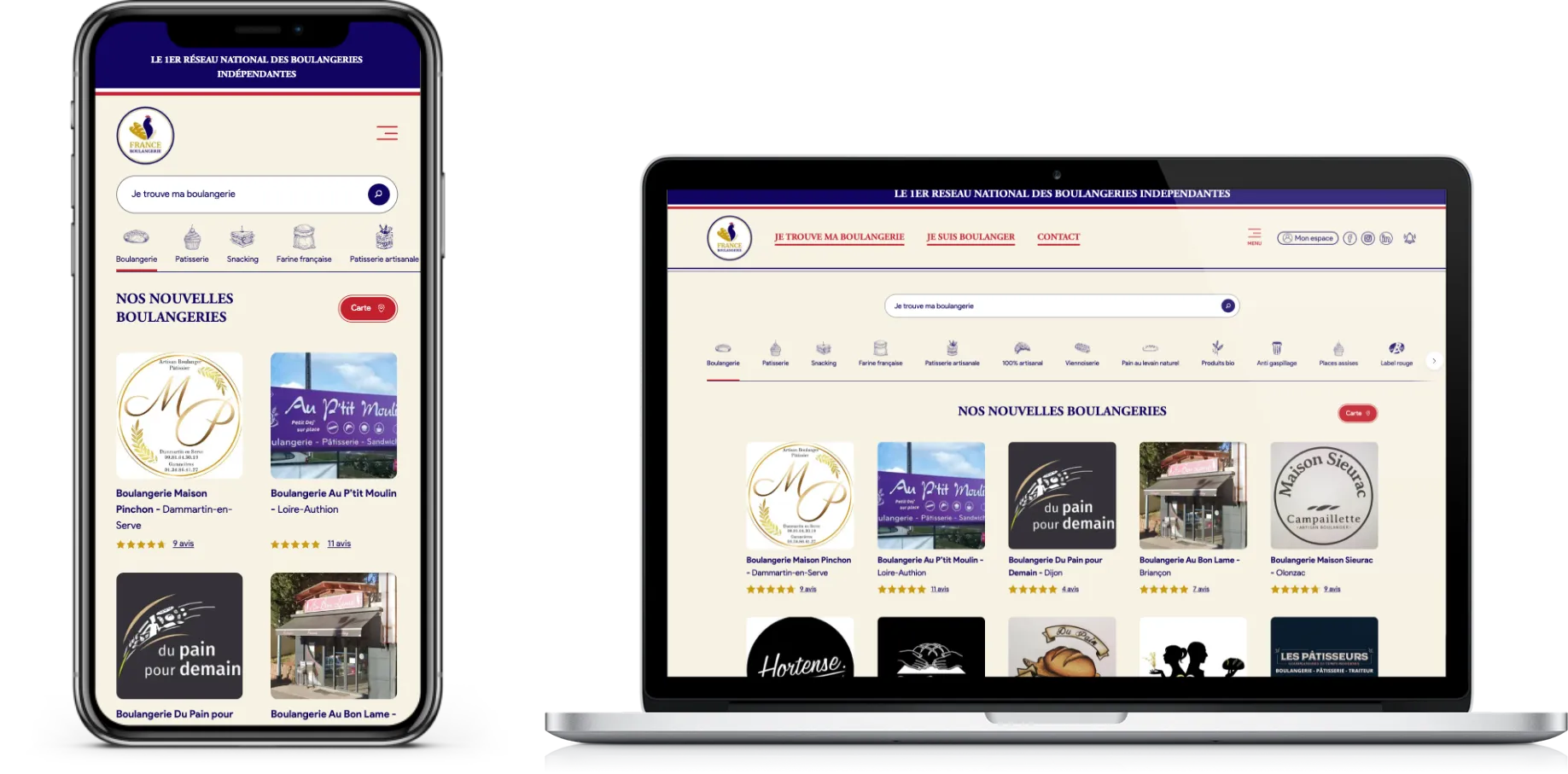 Vue du site de France Boulangerie en version mobile et ordinateur