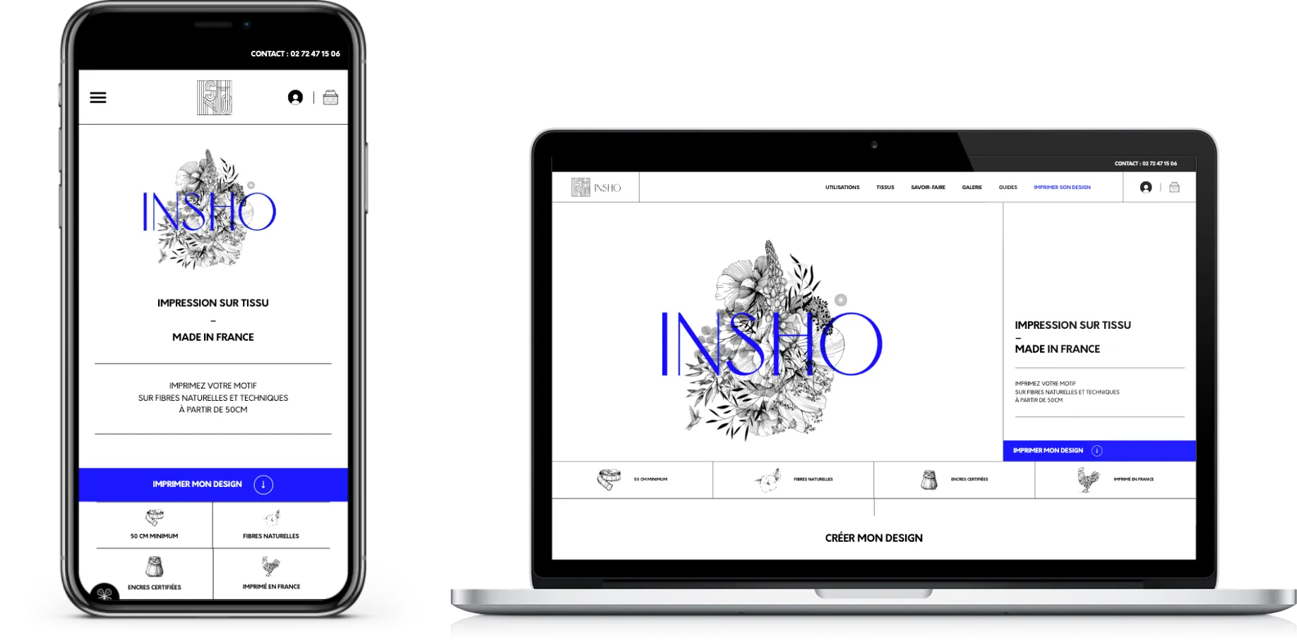 Vue du site e-commerce Insho Atelier en version mobile et ordinateur
